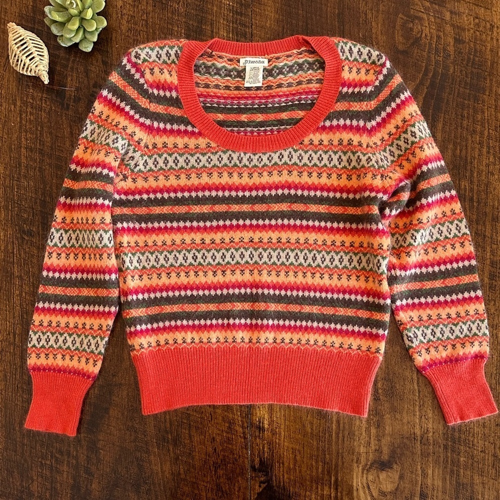 Vintage 90s Fair Isle Angora Blend Cottagecore Scoop Neck Sweater, Size L
